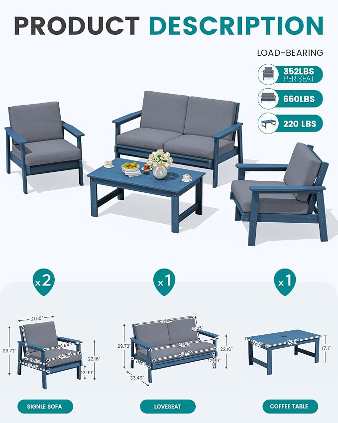 SERWALL 4 Piece HDPE Outdoor Furniture Set, All Weather Wood-Like Outdoor Sofa - Image 2