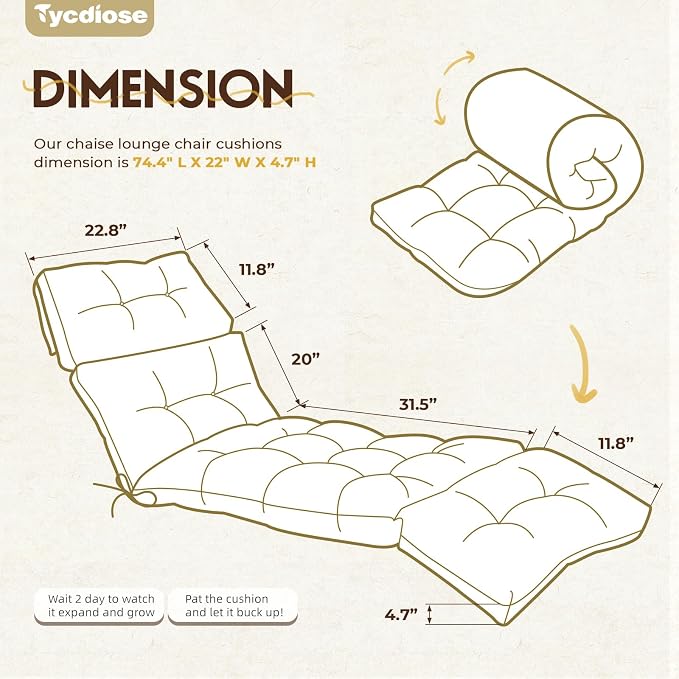 Outdoor Chaise Lounge Chair Cushion 74.4 x 22 x 4.7 Inches Memory Foam Lounge - Image 3