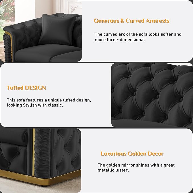 Luxury Chesterfield Sofa Set of 2, Velvet Tufted Couch Victorian Black and Gold - Image 4