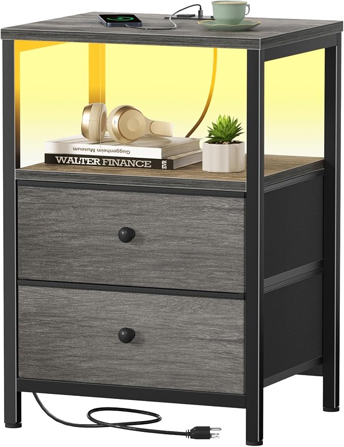 BOLUO Gray Nightstand with Charging Station, LED Night Stand with 2 Fabric by BOLUO