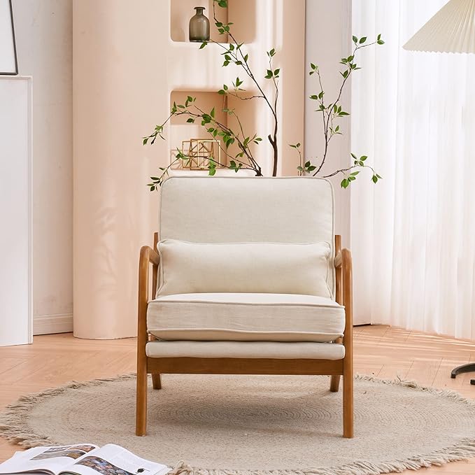 VINGLI Fine Linen Beige Comfy Accent Chair, Mid Century Modern Lounge Armchair - Image 4