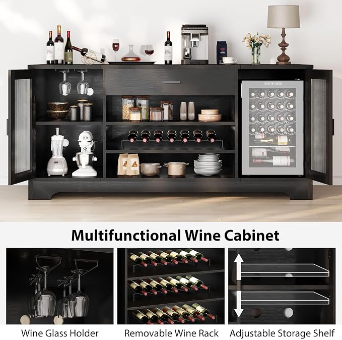 HSH Long Bar Cabinet with Fridge Space, Modern Wood Coffee Wine Liquor Cabinet - Image 7