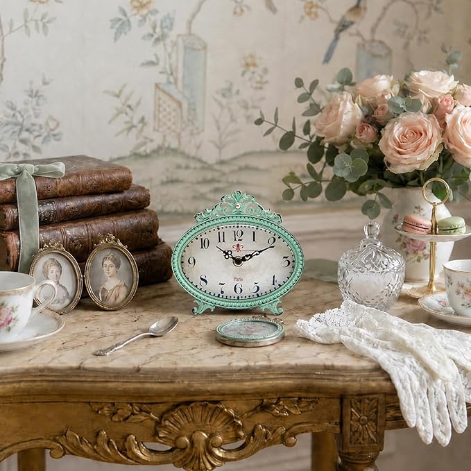 NIKKY HOME Vintage Table Clock, French Turquoise Color Rococo Style Desk Clock - Image 4