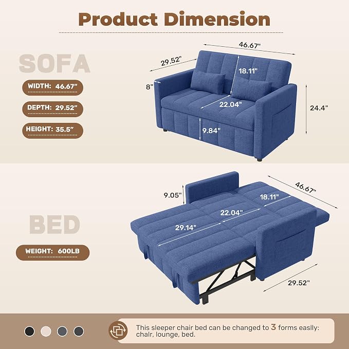 Nebuaegis Sleeper Sofa Bed, 3-in-1 Convertible Pull Out Couch - Image 2