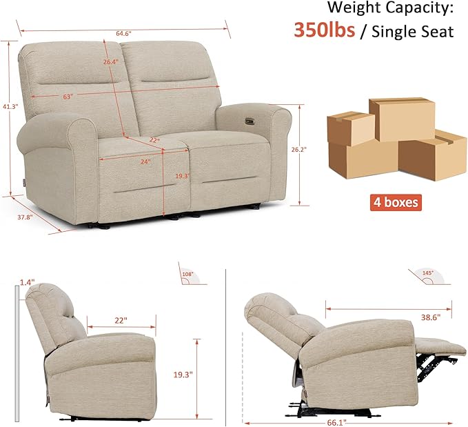 MCombo 64.6" Wall Hugger Power Loveseat Recliner Sofa - Image 3