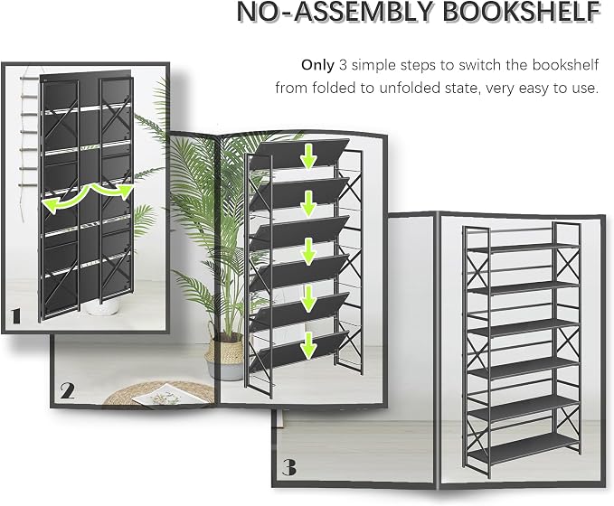 4NM Extra Wide 6 Tiers No Assembly Book Shelves, 61.8" H Folding Bookshelf - Image 6