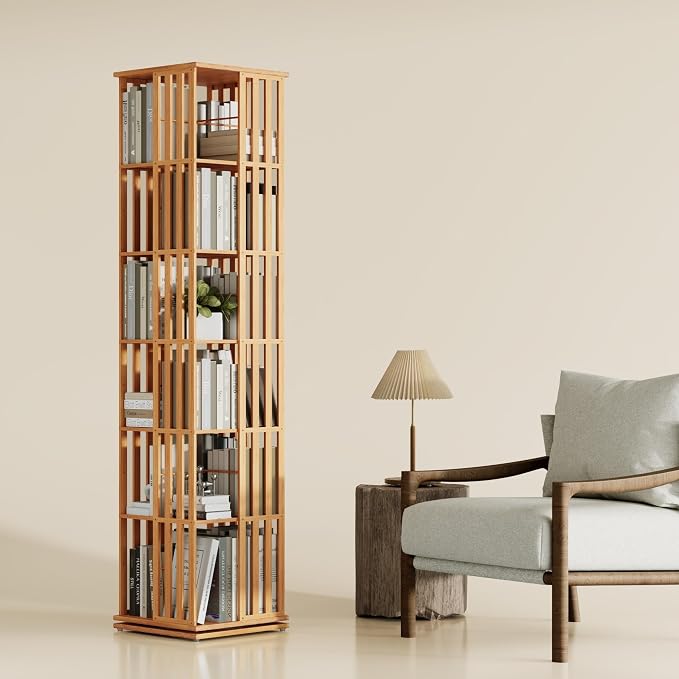 YOWOS Rotating Bookshelf Tower, 360° Display Spinning Bookcase, Bamboo by YOWOS