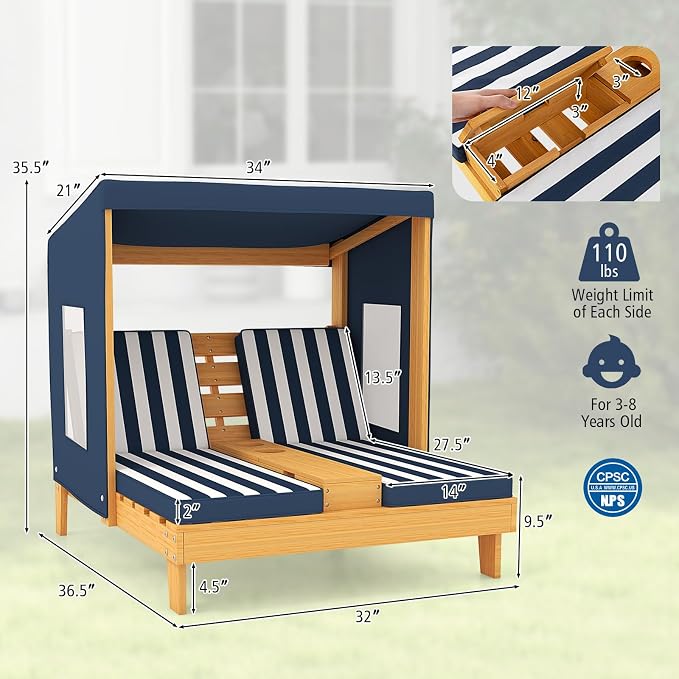 HONEY JOY Kids Chaise Lounge Chair Outdoor, Toddler Wood Double Pool Lounger - Image 3