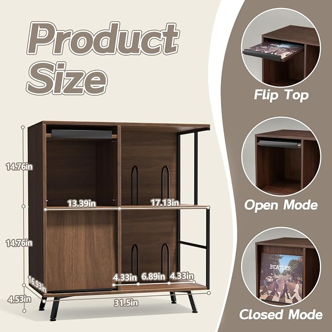 Faesun 3 Tier Flip Top Record Player Stand, Vinyl Record Storage Holds up to - Image 3