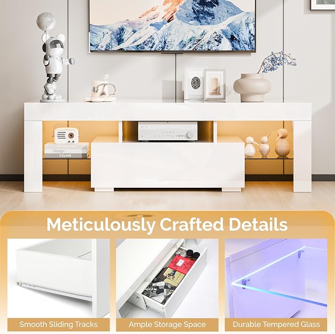 VINGLI 51'' LED TV Stand, High Glossy Modern Entertainment Center - Image 4