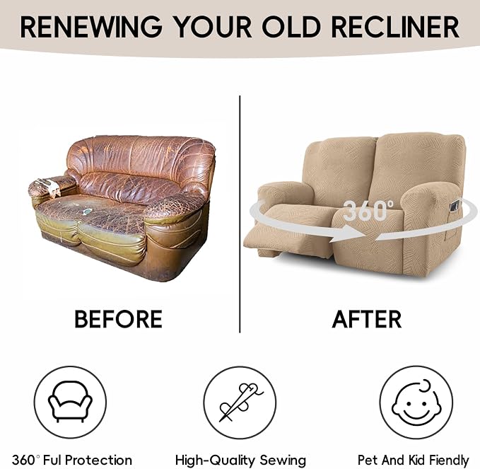 Recliner Loveseat Covers, 4-Piece Stretch Geometric Strokes Jacquard Reclining - Image 6