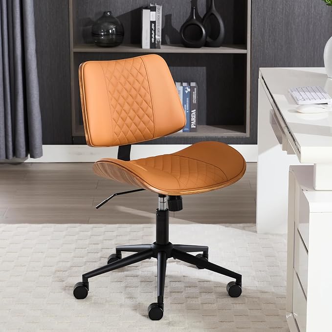 Home Office Chair No Arms with Wheels, Adjustable Height PU Leather Mid Back - Image 4