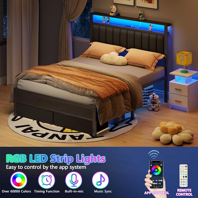Furnulem Queen Bed Frame with Charging Station and LED Lights, Metal Platform - Image 8