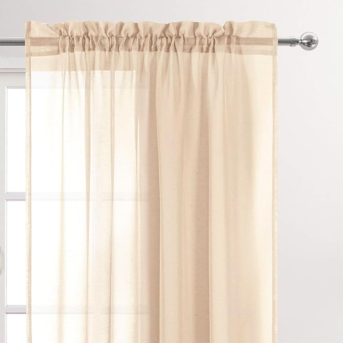 DWCN Beige Sheer Curtains Semi Transparent Voile Rod Pocket Curtains - Image 4