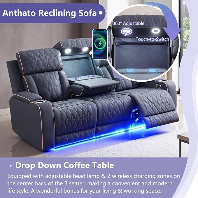 Power Reclining Sofa Set, Living Room Furniture Sets, Leather Recliner Loveseat - Image 4