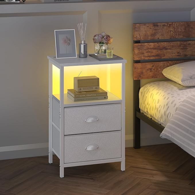 sthmec Nightstand with Charging Station, LED Night Stand with 2 Fabric Drawers - Image 7
