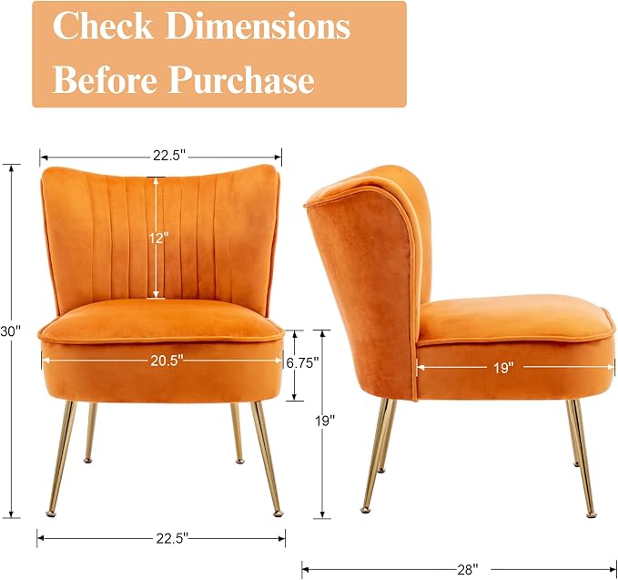 Velvet Accent Chairs Set of 2 for Comfy Living Room Armless Slipper Chair Mid - Image 2