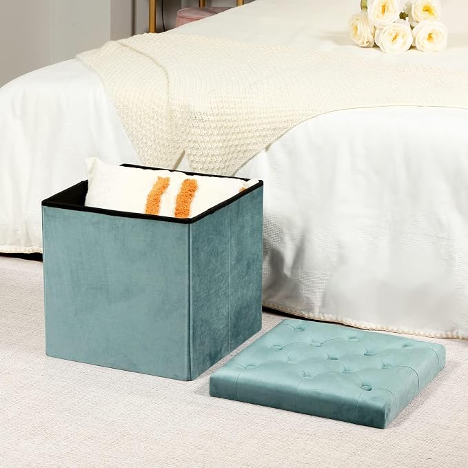 B FSOBEIIALEO Storage Ottoman Cube Velvet Tufted Folding Ottomans Footstool - Image 2