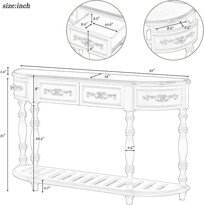 Retro Wood Curved Entryway Console Table 52-Inch Half Moon Hall Entryway Sofa - Image 2
