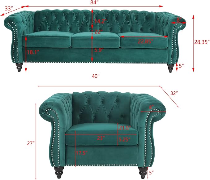 RARZOE Modern 2 Pieces Living Room Sofa Set, Contemporary Tufted Button Velvet - Image 2