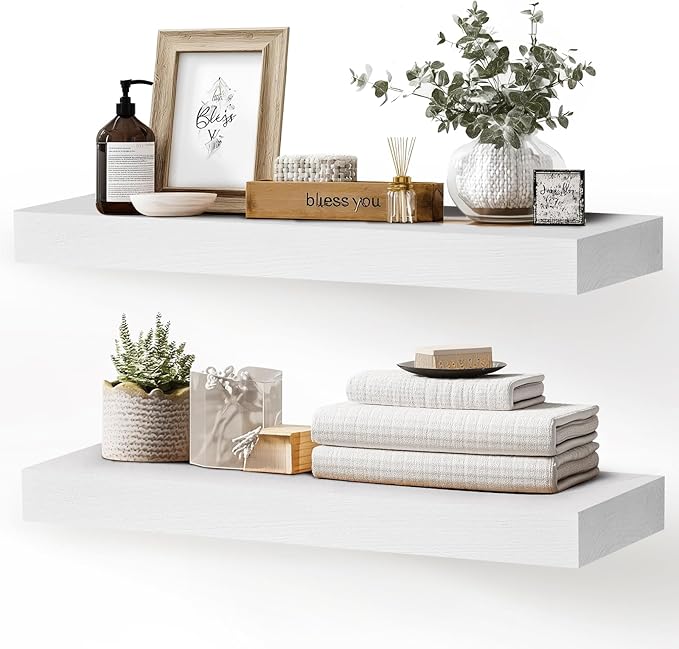 24x8x1.6 inch Floating Shelves Set of 2 – Solid Wood Rustic White Wall Mounted by YLYHSST