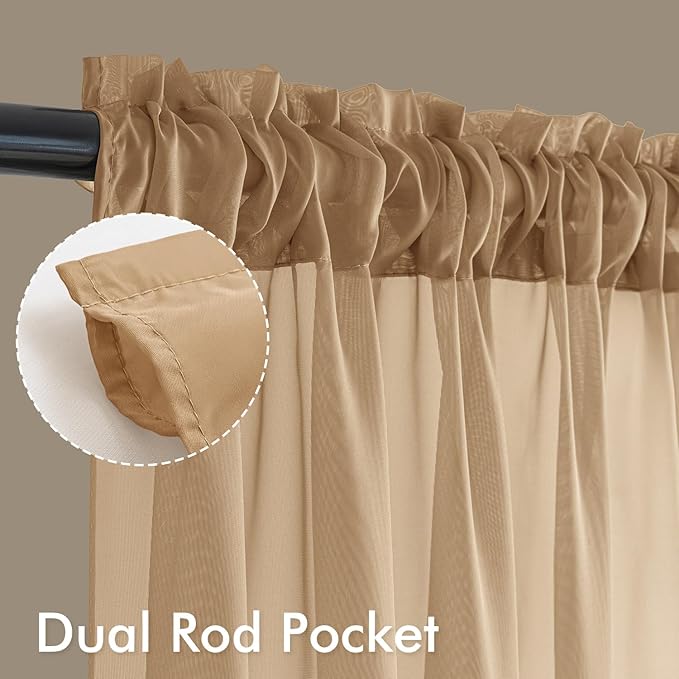 MIULEE Brown Sheer Curtains 90 Inches Long, 4 Panels Set, Rod Pocket Voile - Image 3
