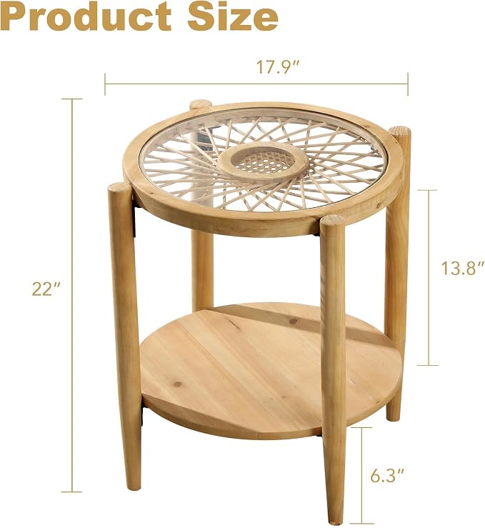 RUSTOWN Rattan Nightstands Set of 2, Boho Wood Round Side Tables, 2-Tier - Image 3