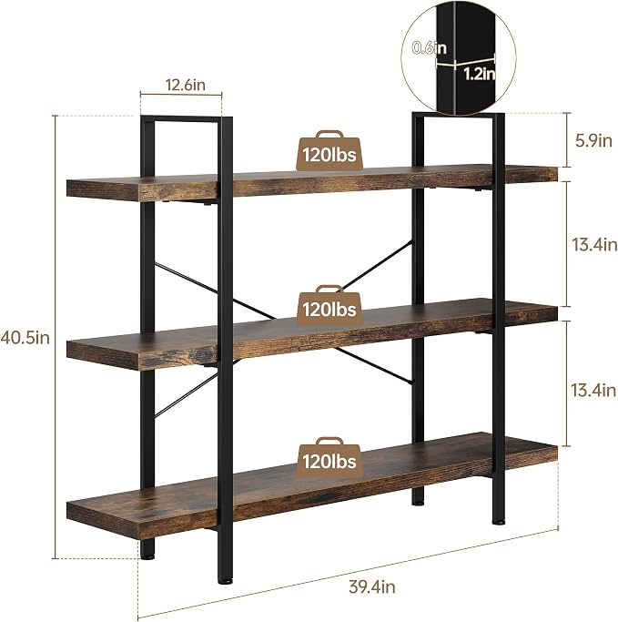 OtterOasis Heavy Duty 3-Tier Industrial Bookcase, 120lbs Shelf Capacity - Image 2