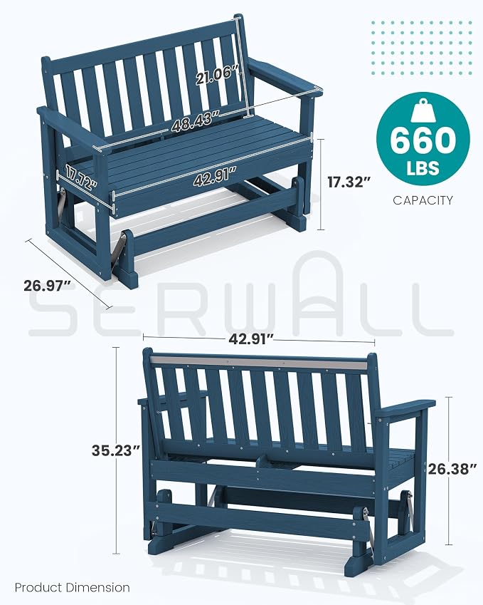 SERWALL Outdoor Glider Bench Set of 2, HDPE Weather-Resistant Swinging Bench - Image 2