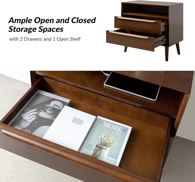 HULALA HOME End Table with Charging Station, Mid-Century Modern 2 Drawer and - Image 3