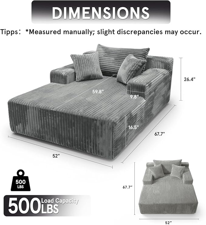 Sytopia Chaise Lounge with Armrests, Oversized Sofa Bed with 3 Pillows - Image 2