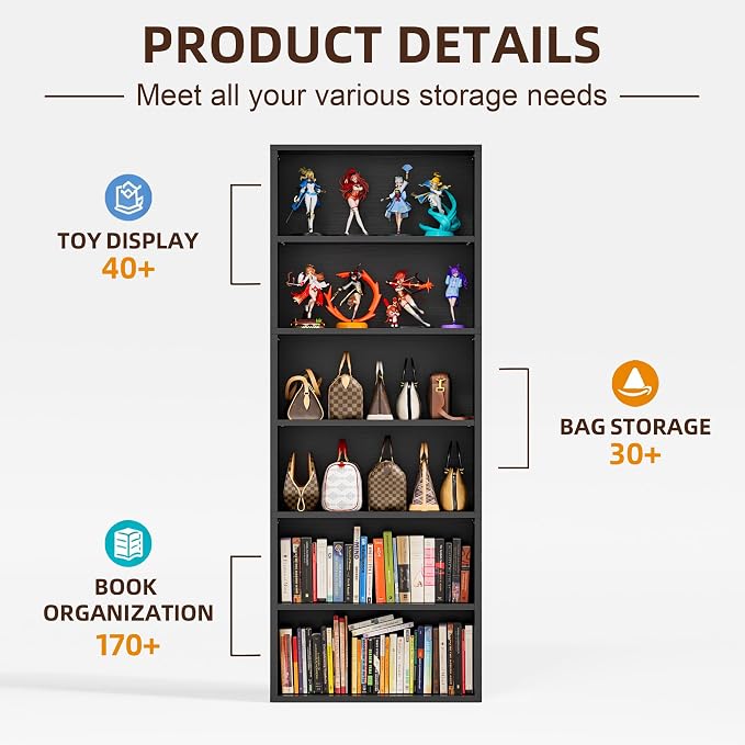 Furniwell 71" Tall Bookcase Bookshelves, 6 Tier Floor Standing Bookcases Open - Image 6