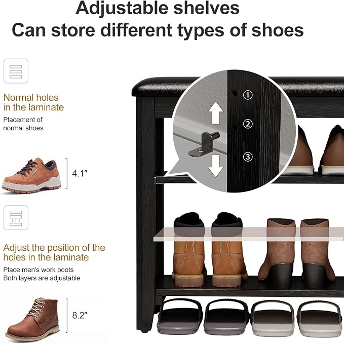 AQIMUELE Shoe Bench with Leather Cushion, 3 Tiers Shoe Storage Bench Height - Image 3
