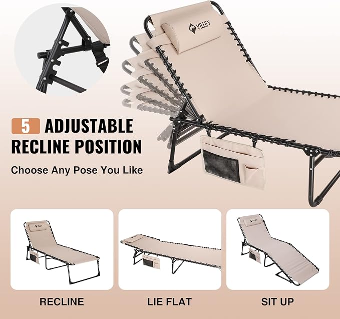 VILLEY Oversized Chaise Lounge Chair, Heavy-Duty Folding Outdoor Lounge Chair - Image 4