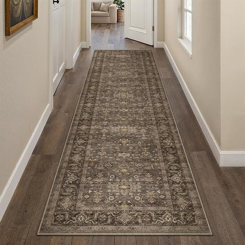2'6x8 Washable Runner Rug for Hallway Kitchen Vintage Brown Non Slip Low Pile by WondRg
