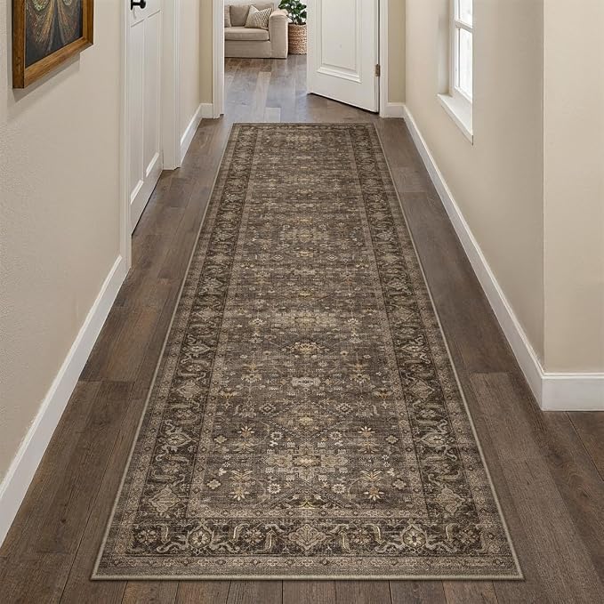 2'6x10 Washable Runner Rug for Hallway Kitchen Vintage Brown Non Slip Low Pile by WondRg