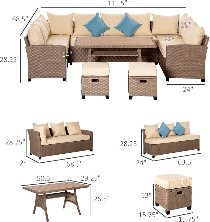 Outsunny 6 Piece Patio Furniture Set, PE Wicker Outdoor Furniture Conversation - Image 7