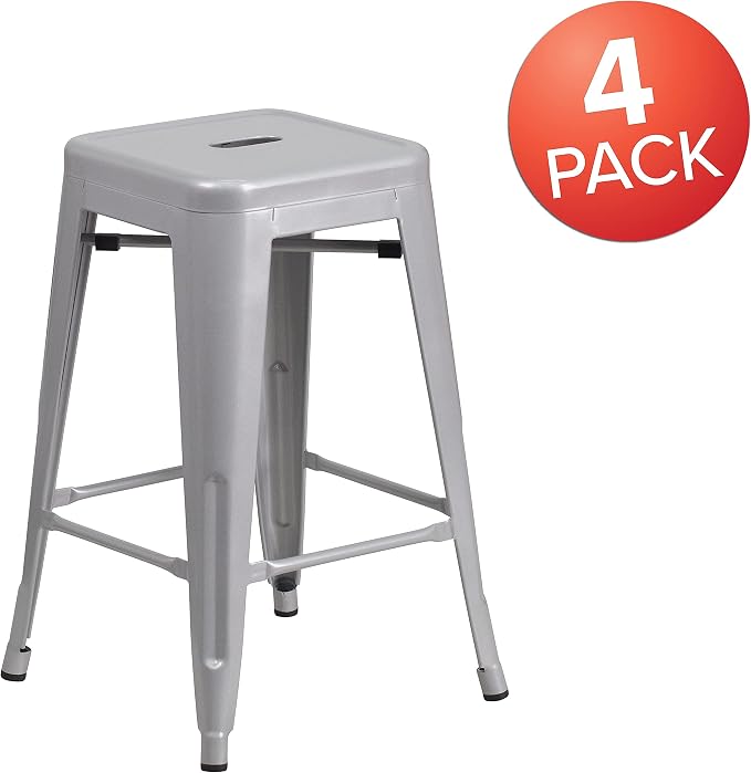 Flash Furniture Lily 4 Pack Commercial Grade 24" High Backless Silver Metal - Image 4
