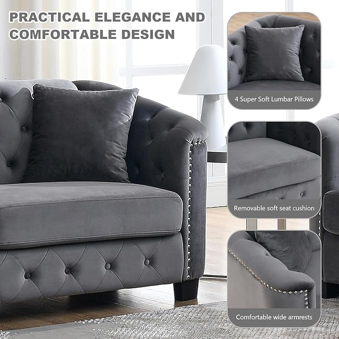 2 Piece Modern Chesterfield Velvet 77" 3-Seater+59" Loveseat Sofa Set, - Image 4