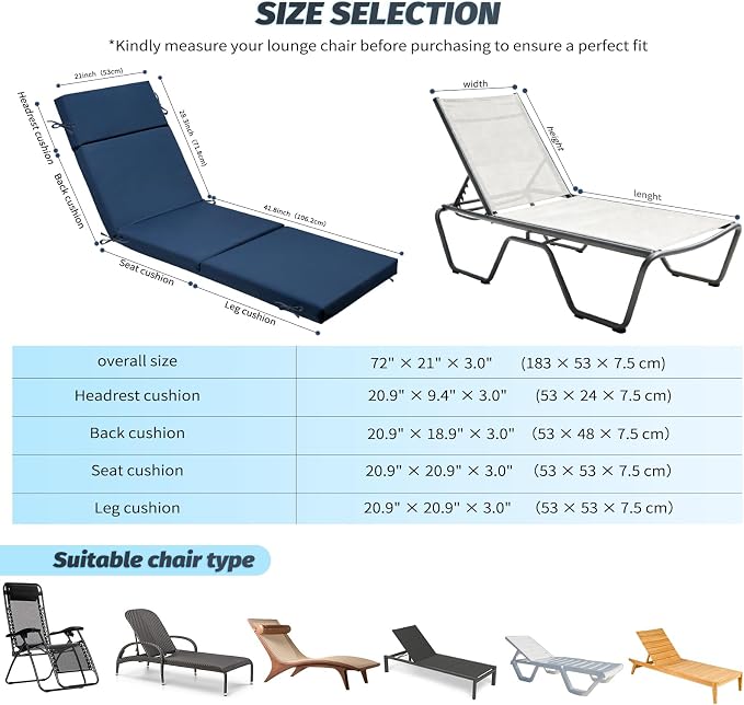 2 Pcs Outdoor Chaise Lounge Cushion 72" x 21" x 3", 4-Section Folding Patio - Image 3