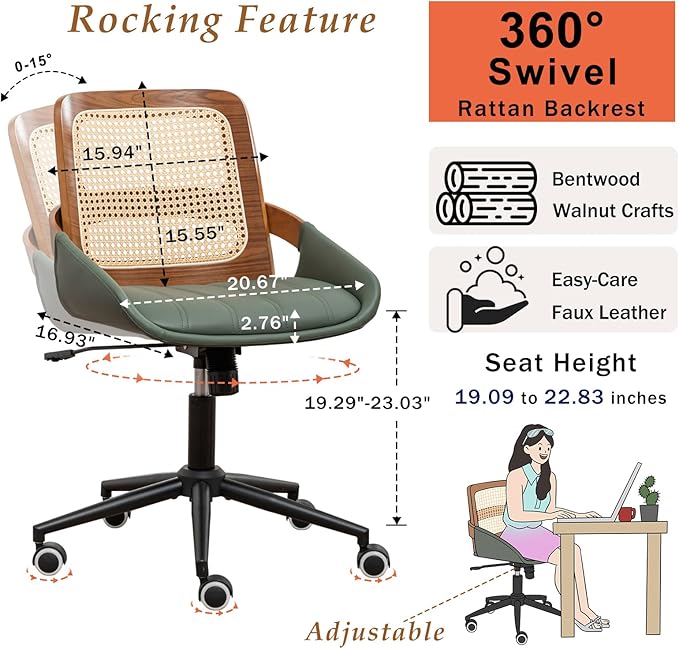 Home Office Desk Chair with Ergonomic Rattan Backrest, Walnut Crafts, Curved - Image 2