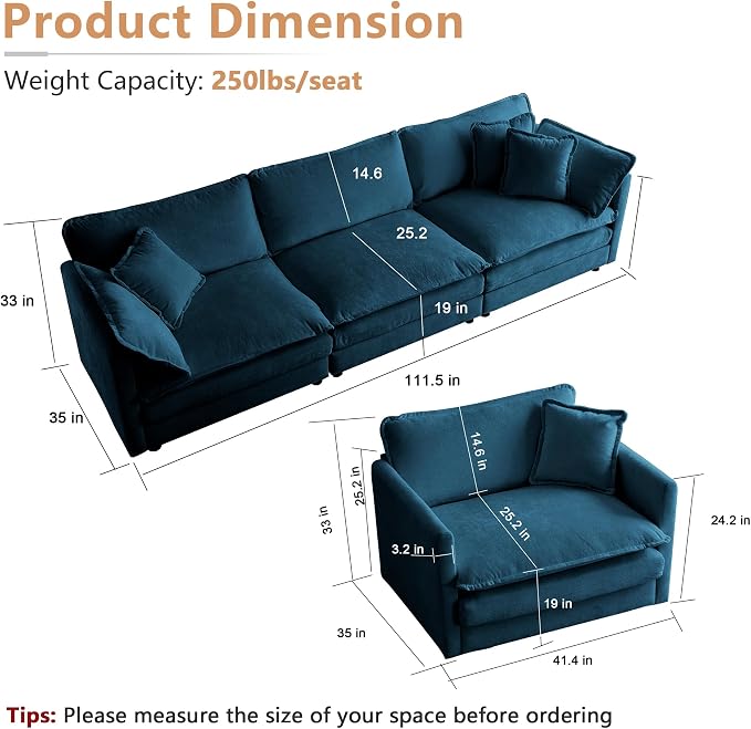 mikibama Luxury 3 Piece Sofa Set, 2 Pieces of Single Sofa and 1 Piece of 3 - Image 2