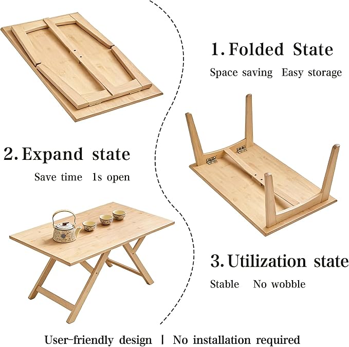 JIKUGO Bamboo Folding Coffee Table No Assembly Required Japanese Floor Table - Image 9
