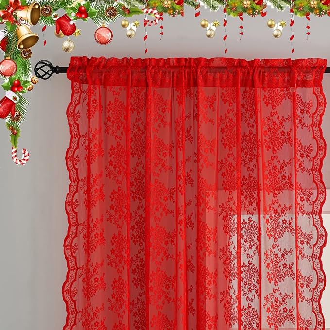 YJ YANJUN Vintage Lace Curtains 45 Inch Length Victorian Floral Pattern Red - Image 2