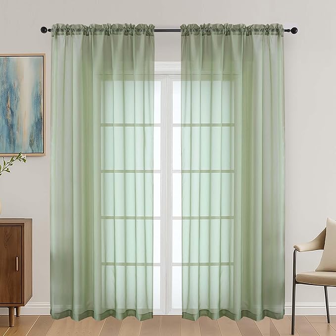 OVZME Sage Green Sheer Curtains 72 Inches Long 2 Panels Set, Light Filtering by OVZME