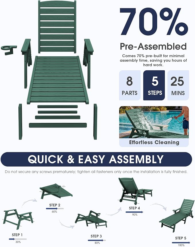 KINGYES HDPE Lounge Chair Outdoor Set of 4, Patio Chaise Lounge Recliner - Image 6
