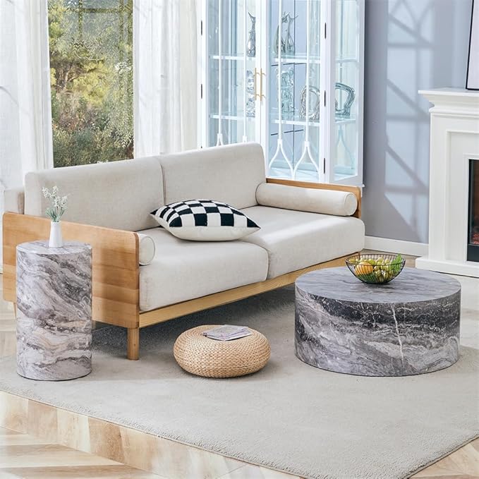 Round Coffee Table Set for 2, Modern Living Room Table Set, Faux Marble Wood by BAOPIN