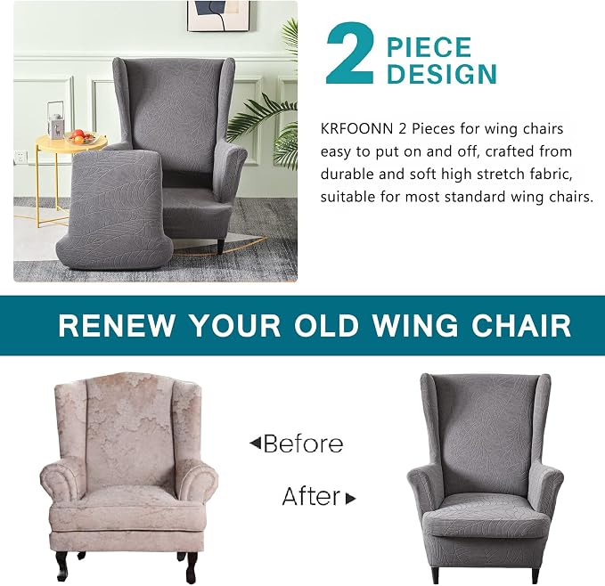 KRFOONN Stretch Wing Chair Slipcovers Jacquard 2 Piece Wingback Chair Covers - Image 4