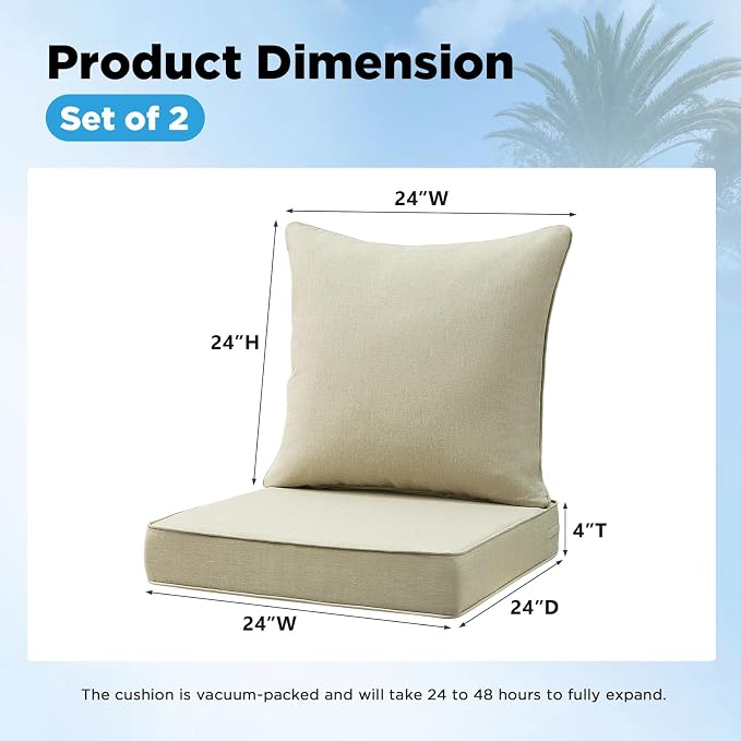 Outdoor Deep Seat & Back Cushion Set, 24 x 24 Inch Water Repellent and Fade - Image 2