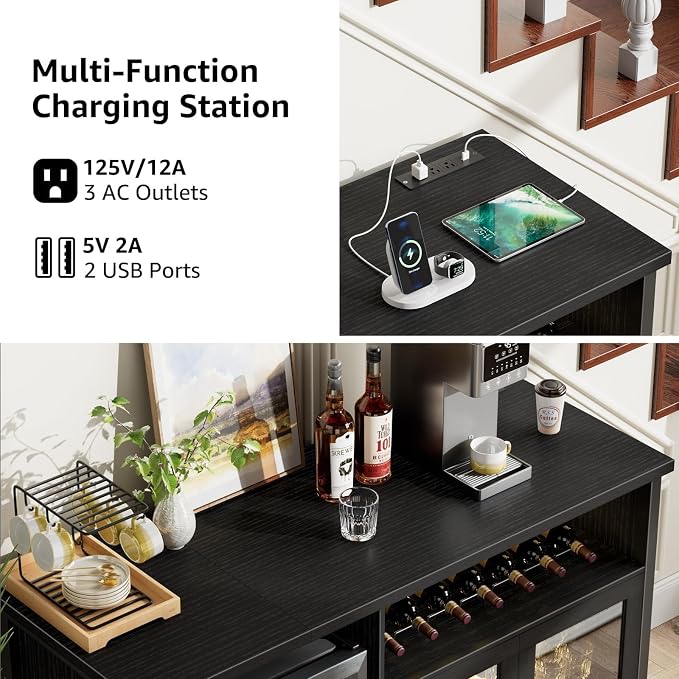 Wine Bar Cabinet with Mini Fridge Space, Sideboard Buffet Table - Image 6